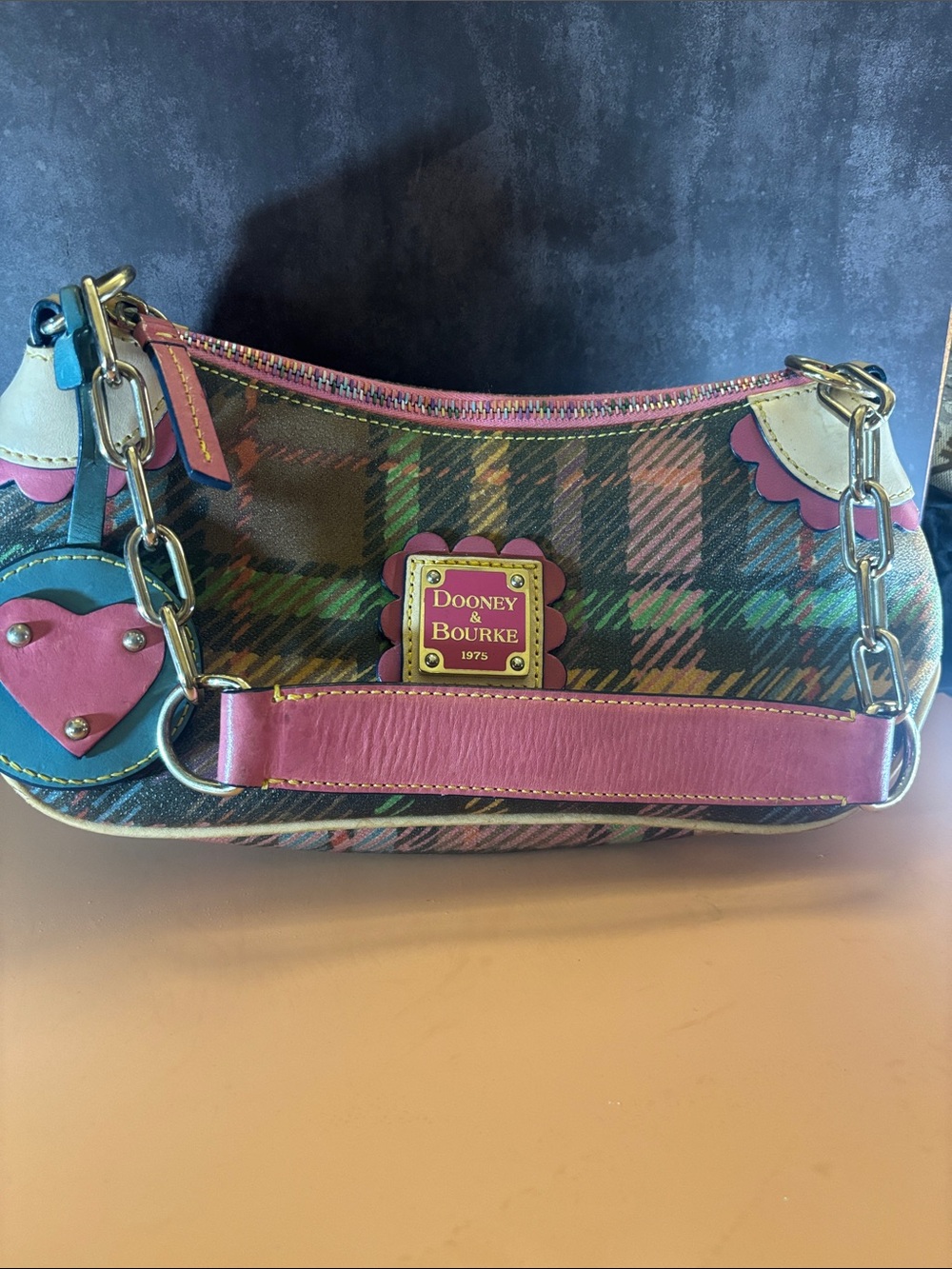 Dooney & Bourke Pink Plaid Shoulder Clutch with Heart Charm